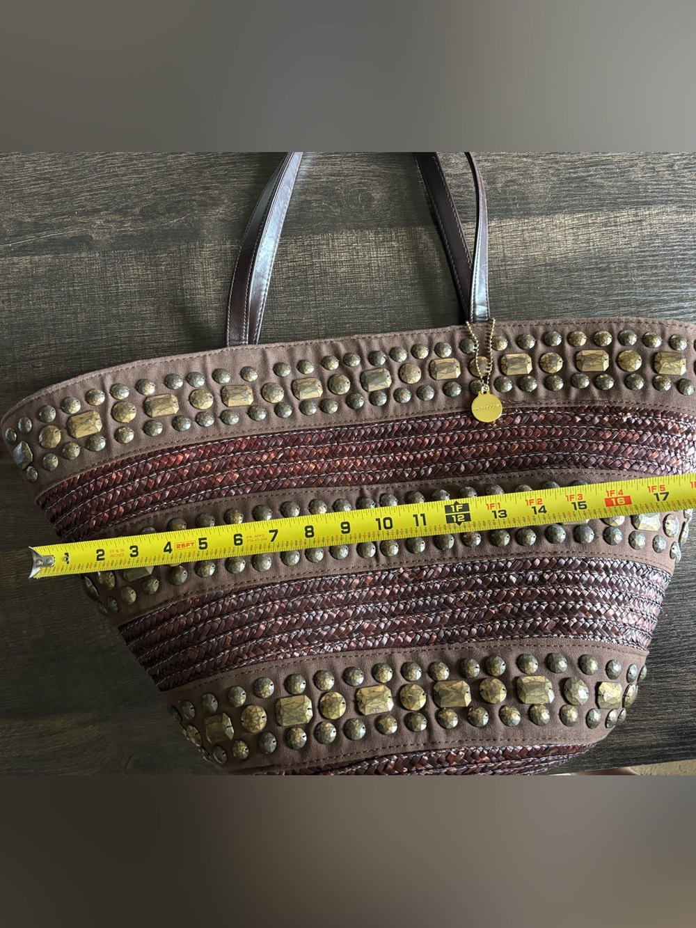 Big Buddha Brown Woven Straw Studded Boho Shoulder Tote Bag - Picture 7 of 8